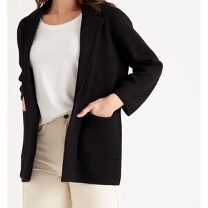 Quince 100% Organic Cotton Sweater Blazr M Black Open Front Patch Pockets